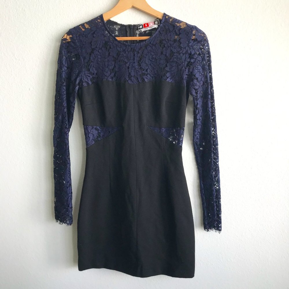MSGM Long Sleeve Navy Blue and Black Lace Mini Dress Size IT 38 US 0